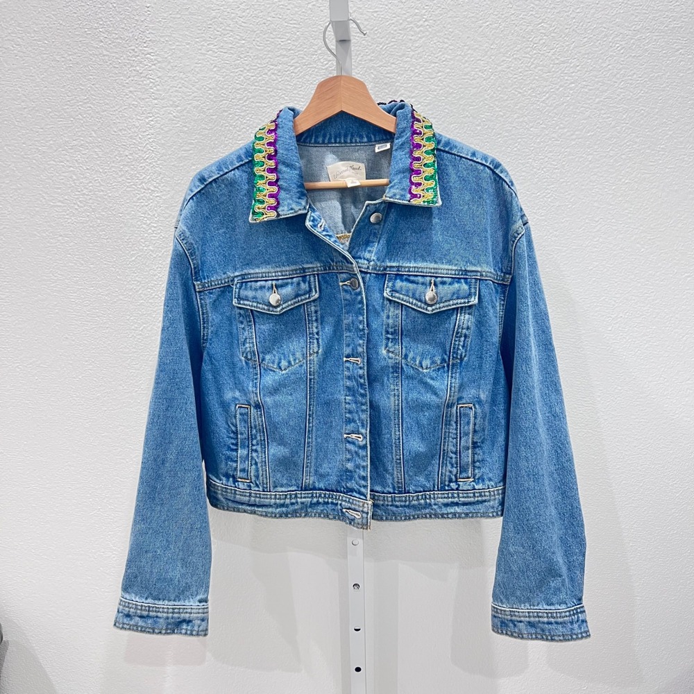 Mardi Gras Festival Women Fringe  DenimJacket XL Embellishment Rhinestone Sequin - Picture 3 of 14